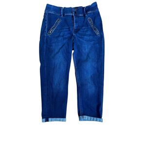 New York & Co. Women's Size 8 High Waisted Cropped Leggings Button Fly Blue Faux